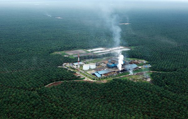 An aerial view shows a palm oil factory at a palm oil plantation in Indonesia's Jambi province